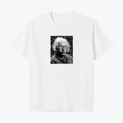 Camiseta com estampa frontal de figura histórica estilizada com efeito glitch e visual pixelado, destacando óculos escuros e cabelos esvoaçantes.
