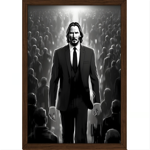 Quadro com estampa de figura central em traje social se destacando em meio a uma multidão de pessoas, criando um efeito de profundidade e contraste.