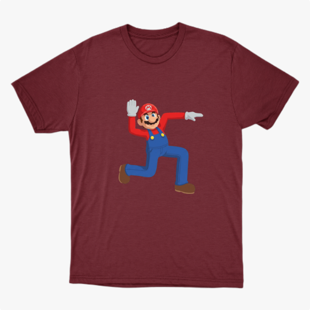Camiseta com estampa frontal de um personagem icônico de macacão levantando uma mão aberta e apontando na outra direção, em posição alegre e animada.