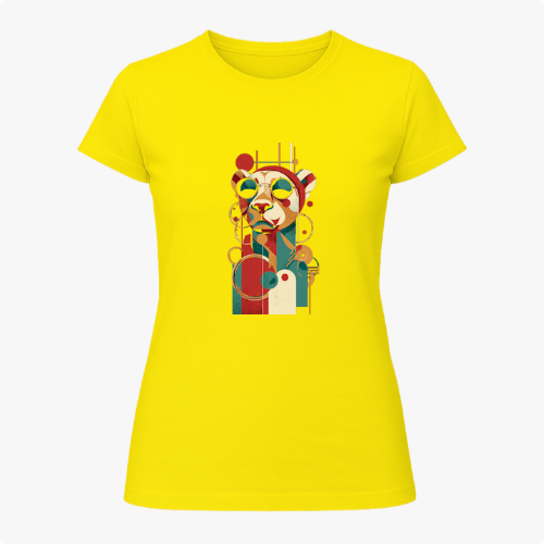 Camiseta com estampa frontal de um panda estilizado em formas geométricas e óculos de sol, com um design moderno composto por linhas e círculos abstratos.