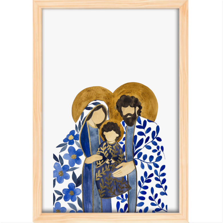 Quadro com estampa frontal de figuras humanas estilizadas, cercadas por flores e folhas, com auréolas douradas e traços geométricos marcantes.