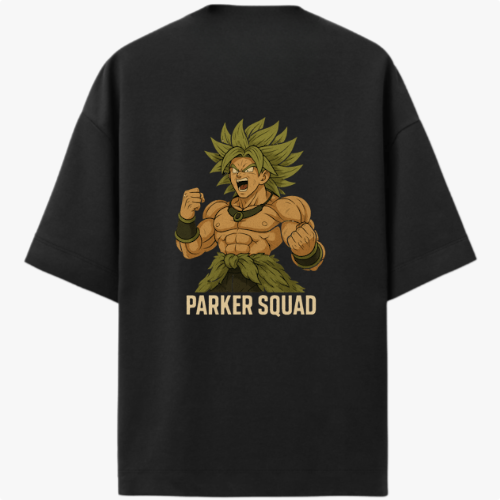 Camiseta com estampa frontal de letras estilizadas e estampa traseira de personagem musculoso em pose de poder acompanhado da frase "PARKER SQUAD".