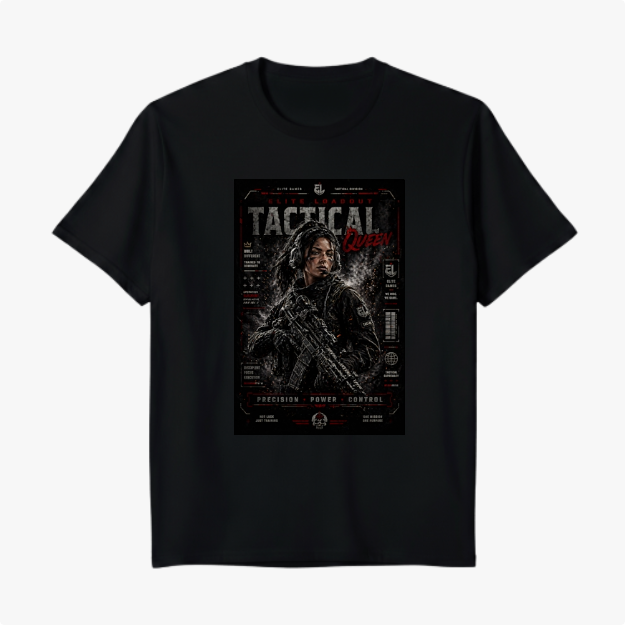 Camiseta com estampa frontal de ilustração detalhada de personagem feminina armada, cercada por textos estilizados destacando temas táticos e militares.