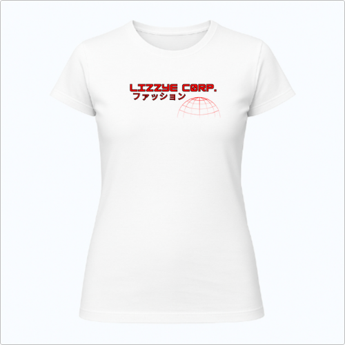 Camiseta com estampa frontal de texto em estilo futurista, acompanhado por caracteres japoneses e uma ilustração de um globo com linhas geométricas.