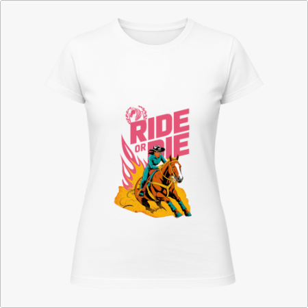Camiseta com estampa frontal de um cowboy montado em cavalo sobreposto a chamas estilizadas, com a frase "Ride or Die" em letras grandes e robustas.