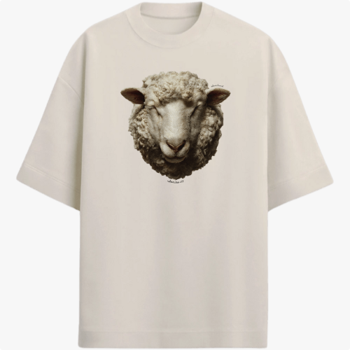 Camiseta com estampa frontal de uma cabeça detalhada de carneiro, mostrando traços realistas e expressão serena em foco central.