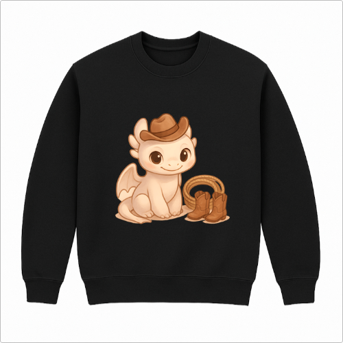 Moletom com estampa frontal de dragão estilizado usando chapéu e botas ao lado, transmitindo um tema de fazenda com traços fofos e caricatos.