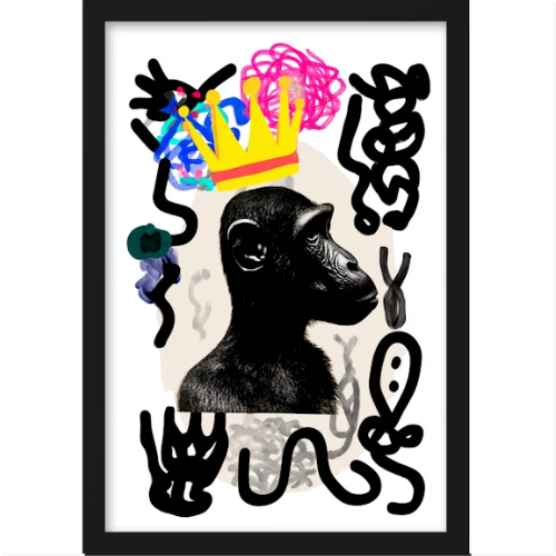 Quadro com estampa de macaco usando coroa amarela, rodeado por rabiscos pretos, formas coloridas e padrões abstratos variados.