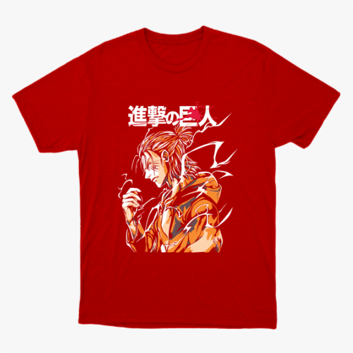 Camiseta com estampa frontal de personagem de cabelo preso e traje volumoso, rodeado por padrões dinâmicos e caracteres estilizados ao lado.