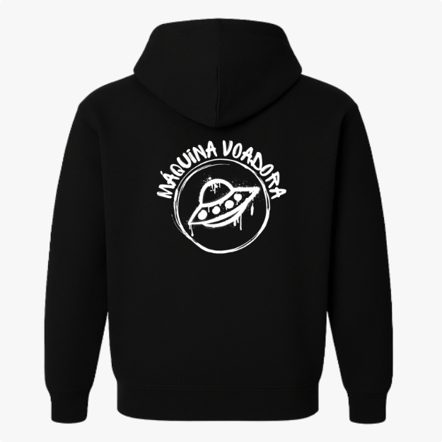 Moletom com estampa frontal de disco voador pequeno cercado por texto "Máquina Voadora" e estampa traseira ampliada com o mesmo design.