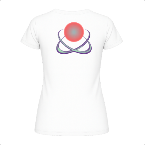 Camiseta com estampa frontal de logo estilizado com elemento circular e detalhes pontiagudos e estampa traseira de esfera central e orbitais entrelaçados.