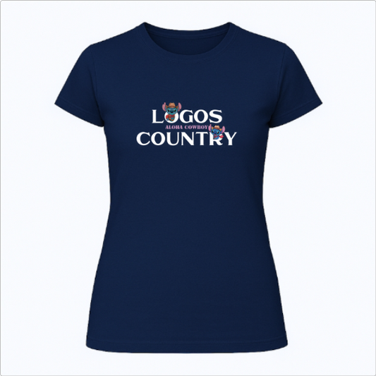 Camiseta com estampa frontal de letras destacadas "LOGOS COUNTRY" com um pequeno cowboy alegre entre as palavras, segurando o chapéu.