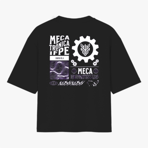 Camiseta com estampa frontal de logotipo e texto "Instituto Federal Pernambuco Campus Caruaru" e estampa traseira com engrenagem, gráficos e texto "Mecatrônica IFPE 2023.1".