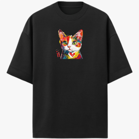 Camiseta com estampa frontal de rosto de gato estilizado, usando traços coloridos e vibrantes, destacando olhos expressivos e um coração no peito.