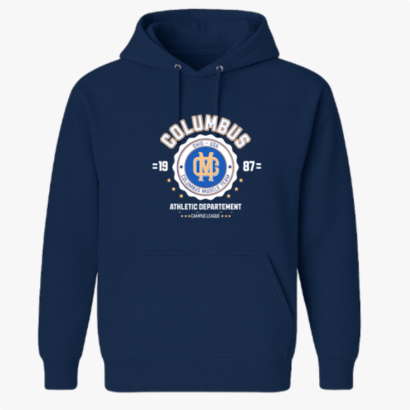Moletom com estampa frontal de emblema esportivo centralizado, com texto "Columbus", ano "1987", estrelas e detalhes "Athletic Departement".