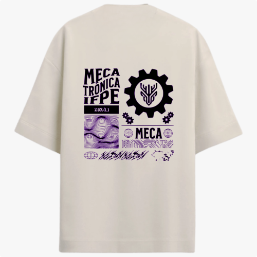 Camiseta com estampa frontal de logo e texto do Instituto Federal Campus Caruaru e estampa traseira de engrenagem, texto "Mecatrônica IFPE" e elementos gráficos.