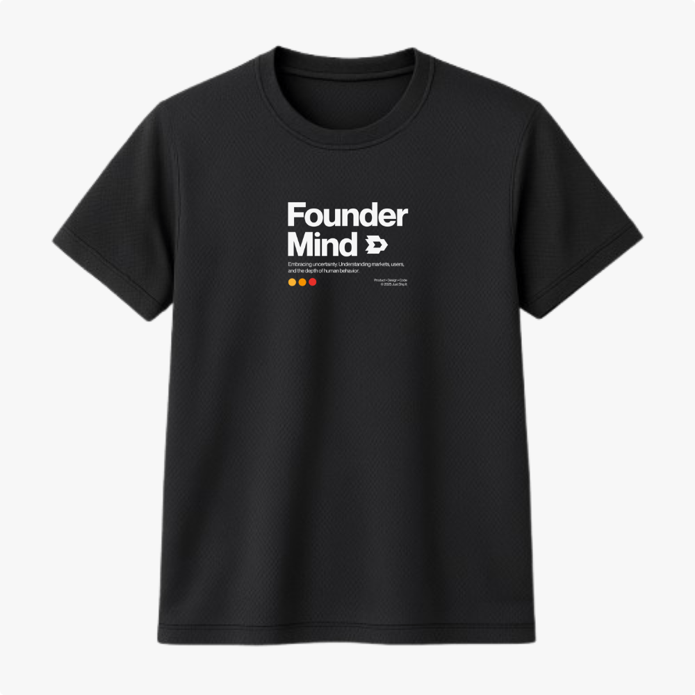 Camiseta com estampa frontal de texto "Founder Mind" em destaque, acompanhado de frases menores explicativas e três pequenos círculos coloridos abaixo.