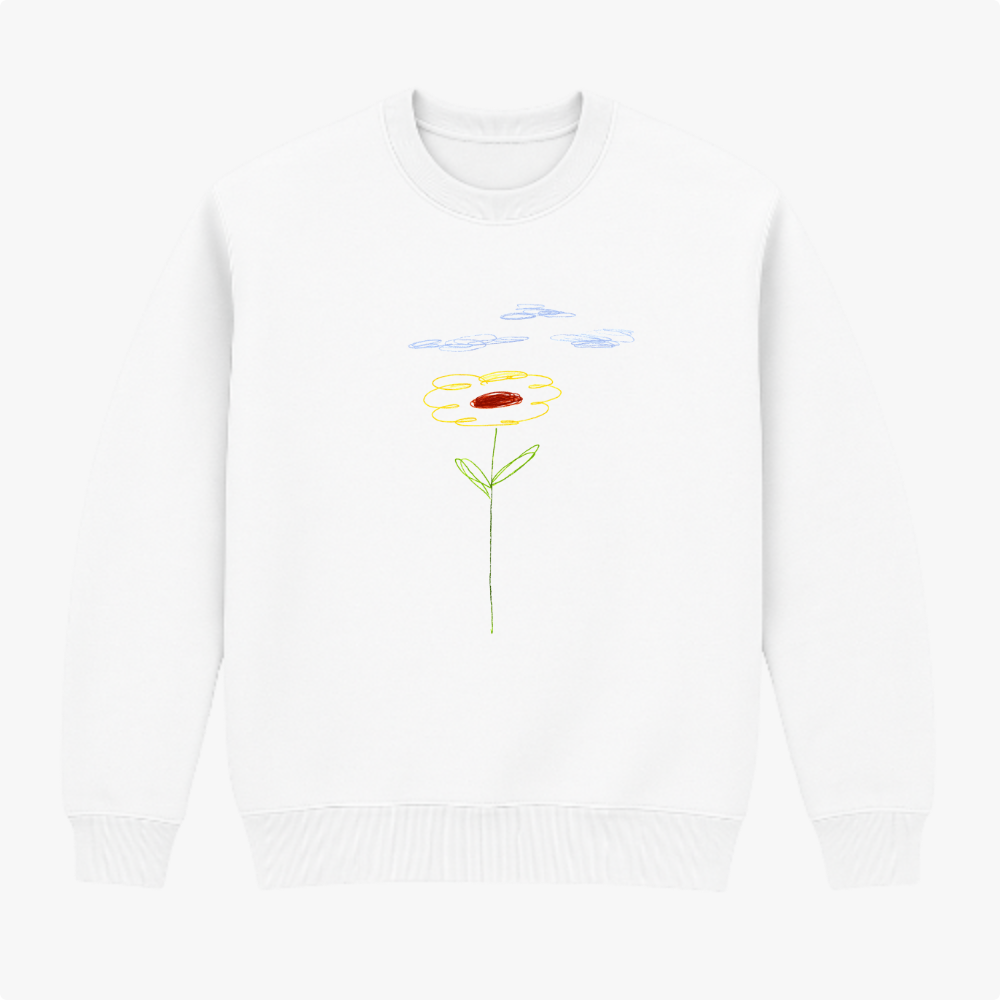 Moletom com estampa frontal de desenho estilizado de flor com pétalas contornadas por linhas, centro circular destacado e folhas, sob nuvens desenhadas.