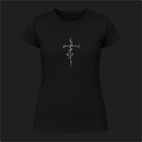 Camiseta com estampa frontal de uma cruz ornamentada por delicados ramos florais que se entrelaçam ao longo de toda sua extensão, detalhando folhas.