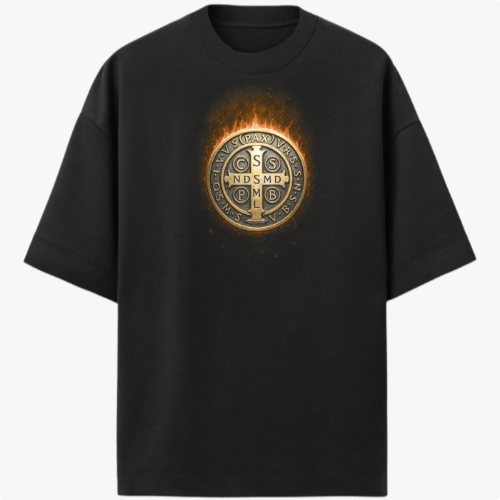 Camiseta com estampa frontal de medalhão detalhado com letras e símbolos complexos, cercado por um efeito de chama sutil e radiante.
