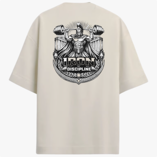Camiseta com estampa traseira de figura mitológica musculosa levantando halteres, cercada por ornamentos clássicos e a inscrição "Iron Discipline".