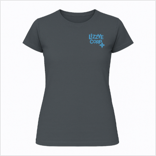 Camiseta com estampa frontal de "LIZZYE CORP" acompanhada de um pequeno símbolo abaixo e estampa traseira de uma cruz pixelada destacada.