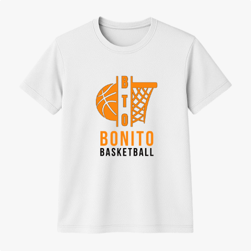 Camiseta com estampa frontal de uma bola de basquete próxima a um aro de cesta, com palavras estilizadas formando "Bonito Basketball".