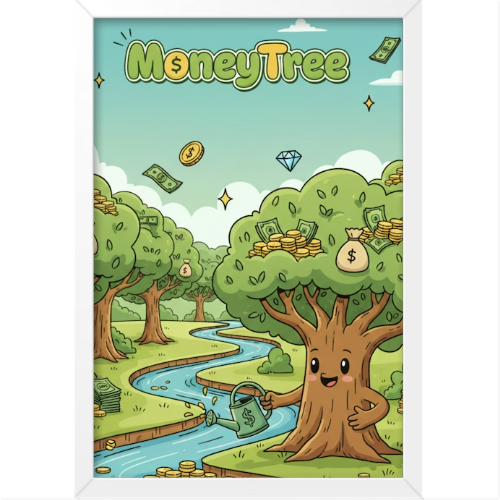 Quadro com estampa frontal de uma árvore antropomórfica segurando uma moeda, cercada por várias árvores com pilhas de dinheiro e um rio fluindo.