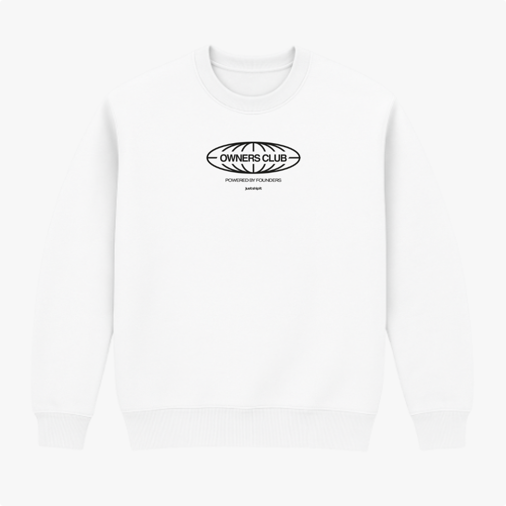 Moletom com estampa frontal de símbolo ovalado contendo as palavras "Owners Club", acompanhado de frases adicionais em letras menores abaixo.