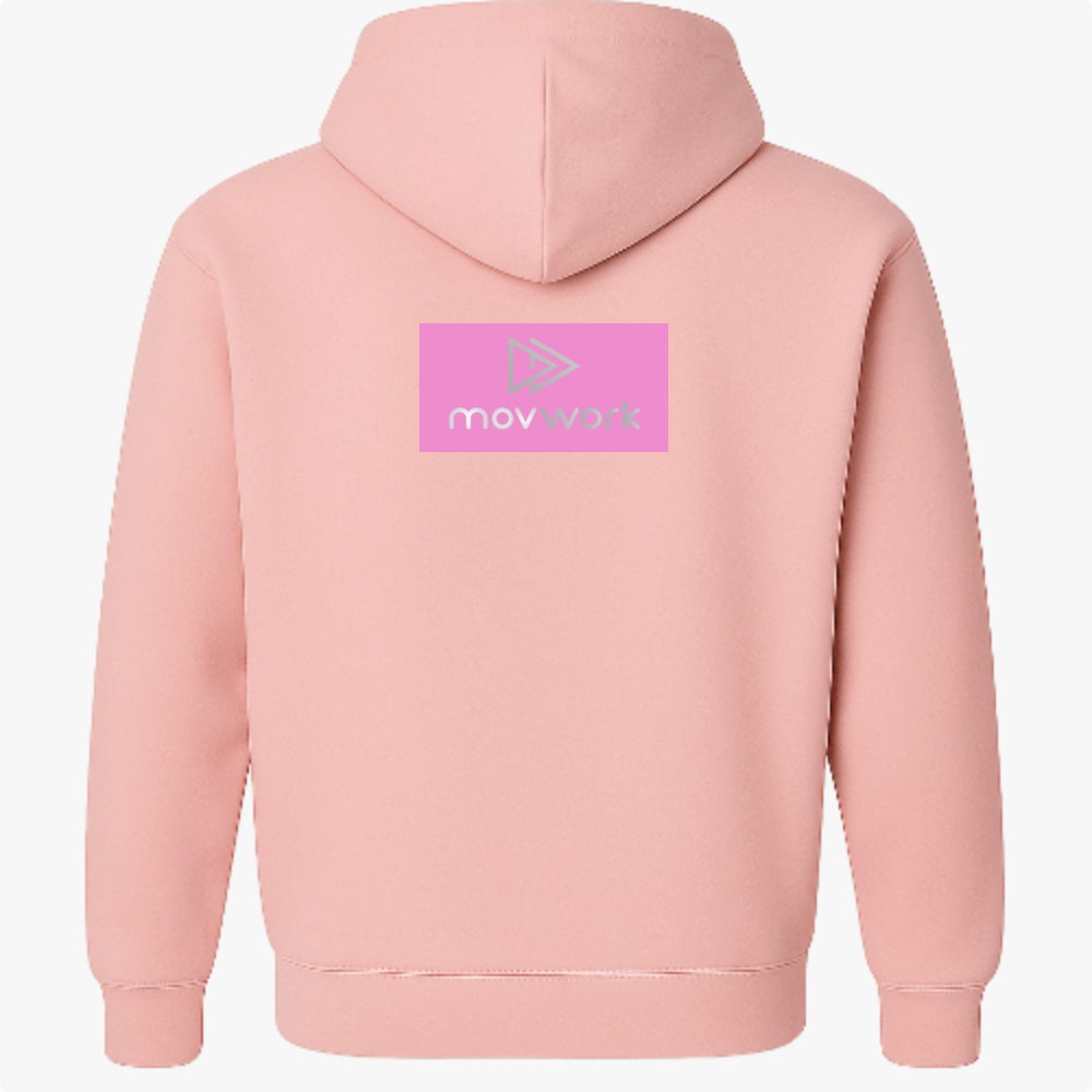 Moletom com estampa frontal de logotipo com nome "movwork" e seta dupla ao lado em retângulo, e estampa traseira idêntica à frontal.