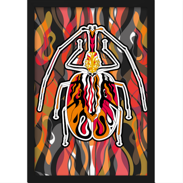 Quadro com estampa frontal de um inseto estilizado em traços vibrantes e intricados sobre um fundo abstrato de formas onduladas e dinâmicas.