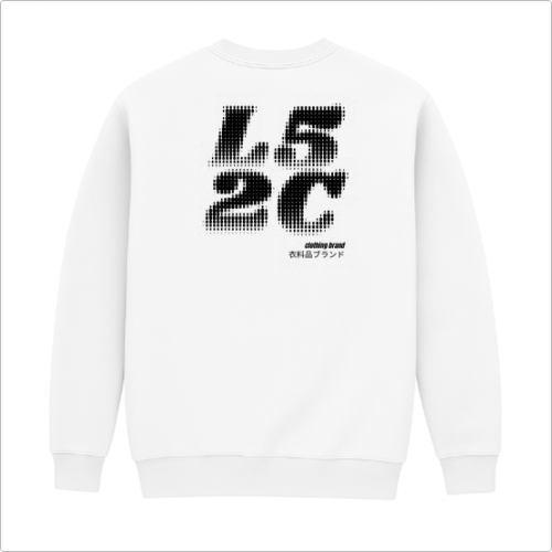 Moletom com estampa frontal de "LS2C" em fonte estilizada e estampa traseira de "LS2C" ampliada com elementos pixelados e texto adicional pequeno.