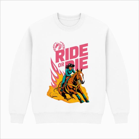 Moletom com estampa frontal de cavaleiro montando cavalo em alta velocidade, cercado por chamas estilizadas e slogan "Ride or Die" em destaque.