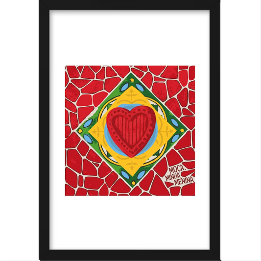 Quadro com estampa frontal de coração estilizado em fundo geométrico com azulejos e inscrição "Moça Minha Menina" no canto inferior direito.