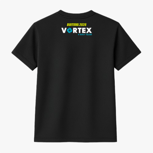 Camiseta com estampa frontal de logotipo circular e texto "FEEL THE VORTEX!" em fonte estilizada e estampa traseira de "BOTUVA 2026 VORTEX 4 WAY TEAM".