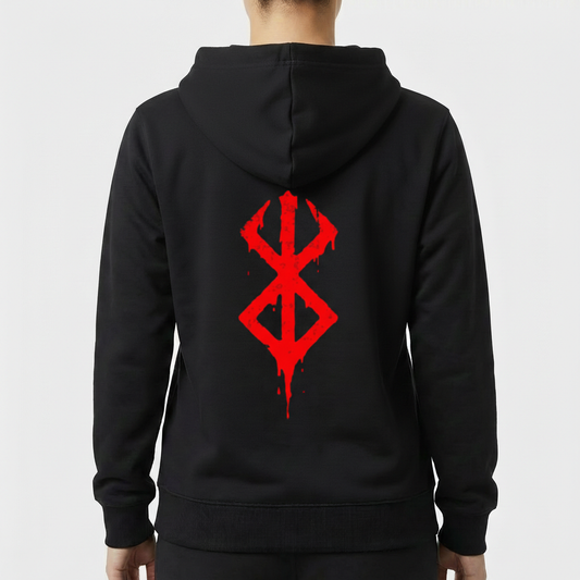 Moletom com estampa frontal de silhueta de árvore estilizada combinando elementos naturais e abstratos e estampa traseira de símbolo gráfico gótico escorrendo.