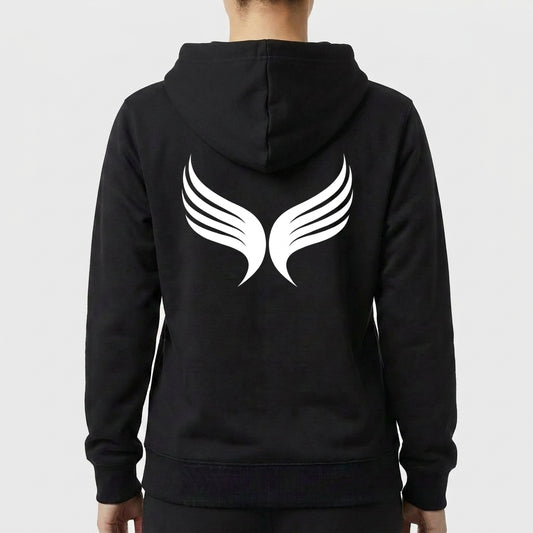 Moletom com estampa frontal de texto "I SURRENDER" e estampa traseira de asas estilizadas com linhas curvas e simétricas projetadas para cima.