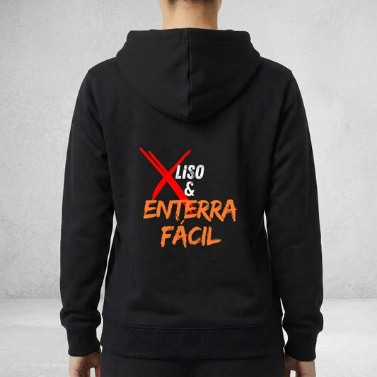 Moletom com estampa frontal de cesta de basquete e palavra "Basquete" e estampa traseira de texto estilizado "X Liso & Enterra Fácil".