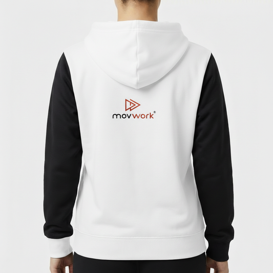 Moletom com estampa frontal de logotipo estilizado envolvendo triângulo duplo e texto "movwork" e estampa traseira idêntica com mesmo logotipo centralizado.