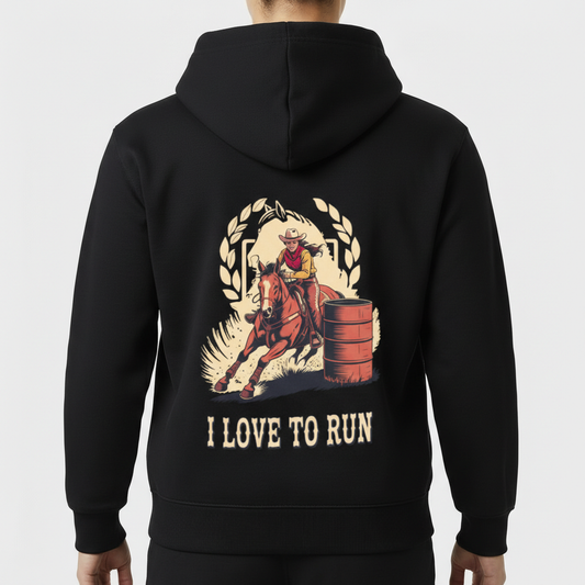 Moletom com estampa frontal de cavalo estilizado e plantas circundantes, e estampa traseira de cowboy em cavalo, contornado por louros, com barril e a frase "I LOVE TO RUN".