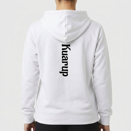 Moletom com estampa frontal de design geométrico com linhas curvas, cruz vermelha central e palavras "Kuarup" e "Xingu", e estampa traseira de texto vertical "Kuarup".