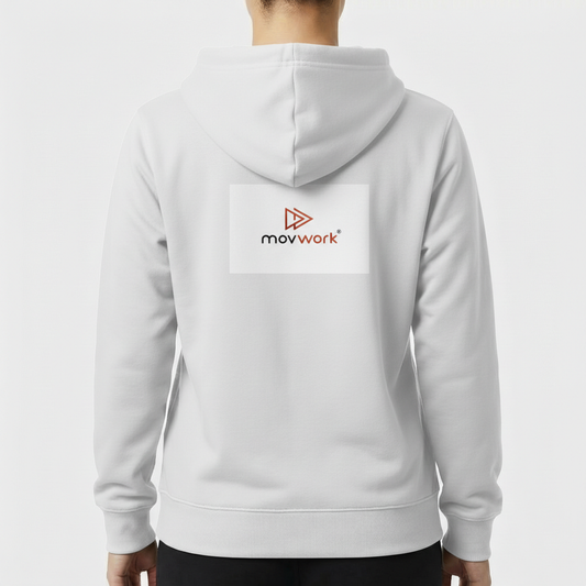 Moletom com estampa frontal de logotipo estilizado com setas e texto "movwork" e estampa traseira idêntica ao logotipo frontal.