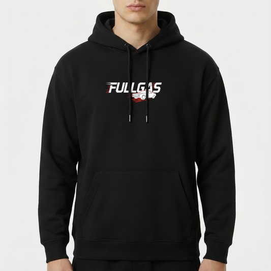 Moletom com estampa frontal de um carro estilizado em movimento, acompanhado pela palavra "FULLGAS" em letras dinâmicas com efeito de velocidade.