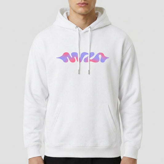 Moletom com estampa frontal de formas onduladas abstratas em tons gradientes de rosa e roxo, criando um efeito visual fluido e dinâmico.