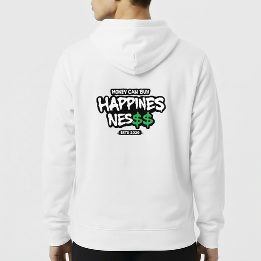 Moletom com estampa traseira de texto grafitado com a frase "Money Can Buy Happiness" onde "Happiness" é estilizado com cifrões, seguido de "ESTD 2026".