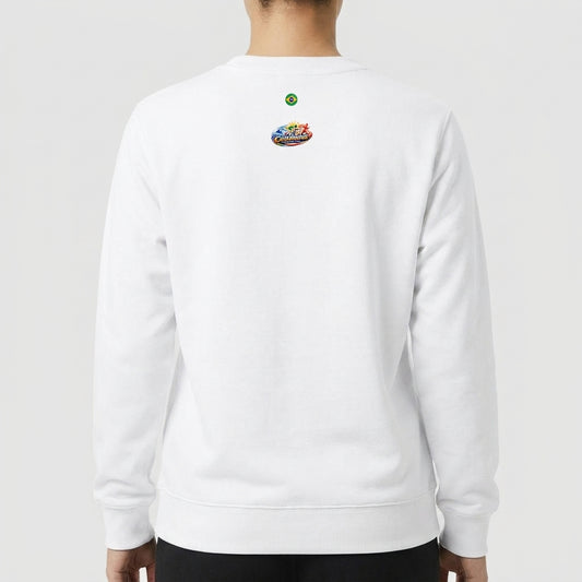 Moletom com estampa frontal de logotipos "Universo DKM" e "DSLOP" e estampa traseira de logo estilizado com bandeira do Brasil acima.