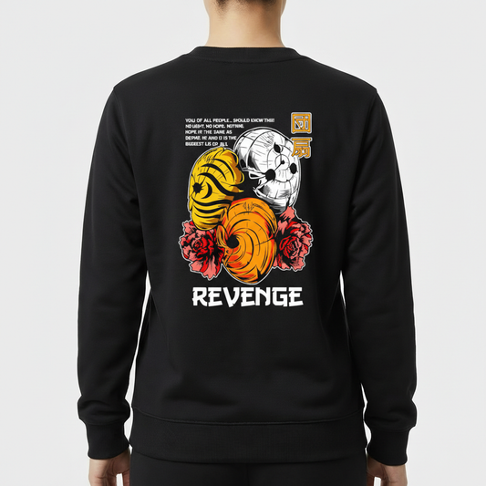 Moletom com estampa frontal de olhos em expressão intensa e caracteres abaixo, e estampa traseira de caveira com capacetes, flores e texto "REVENGE".