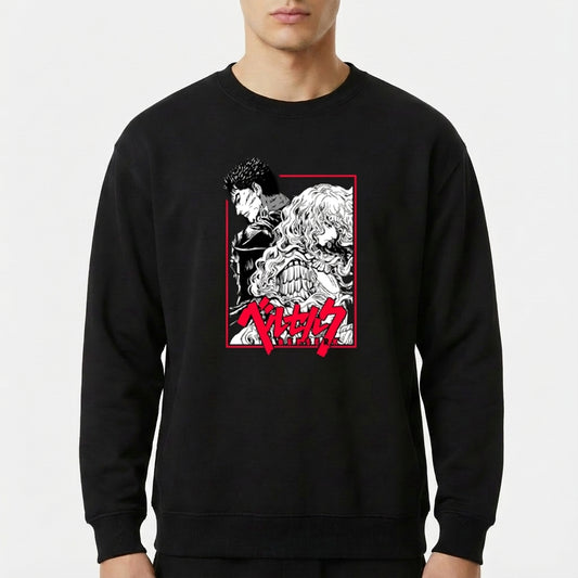 Moletom com estampa frontal de dois personagens detalhados em estilo mangá, um de perfil e outro com expressão feroz, além de texto estilizado abaixo.