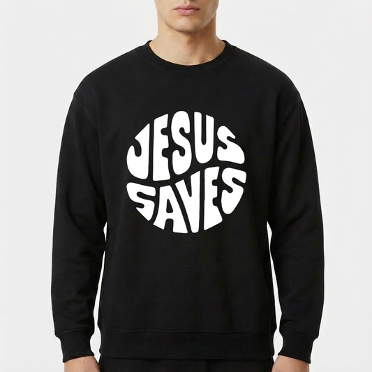 Moletom com estampa frontal de "Jesus Saves" em letras estilizadas formando um círculo.