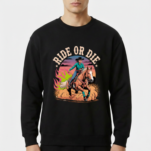 Moletom com estampa frontal de cavaleiro montando cavalo em pose dinâmica, cercado por nuvens de poeira e chamas, sob texto "RIDE OR DIE" com estrelas.